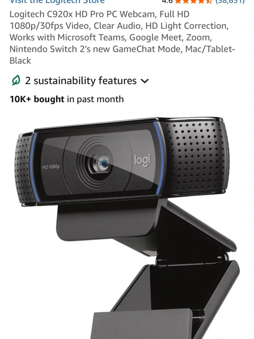 Logitech HD 1080p Webcam in Black with Blue Accent